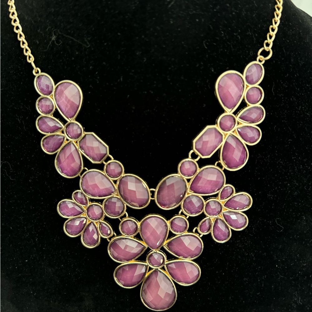 Purple and gold tone stone necklace